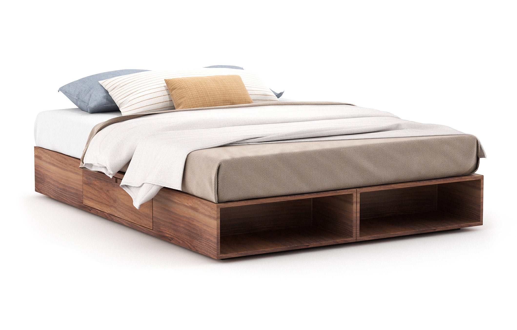 Sommier – Élégant et compact, le sommier comporte des étagères ouvertes intégrées et des tiroirs latéraux pratiques à ouverture par simple pression.