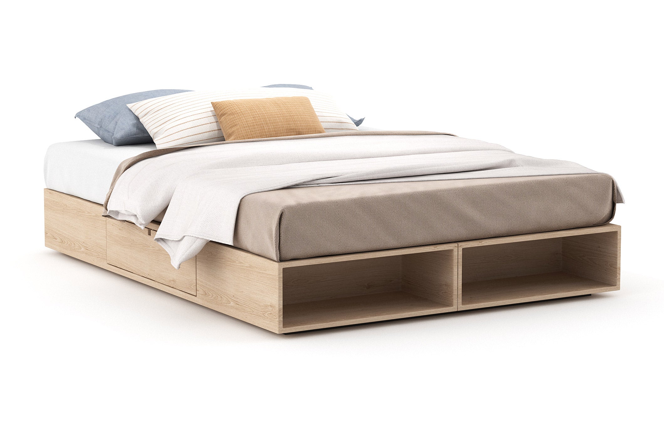 Sommier – Élégant et compact, le sommier comporte des étagères ouvertes intégrées et des tiroirs latéraux pratiques à ouverture par simple pression.