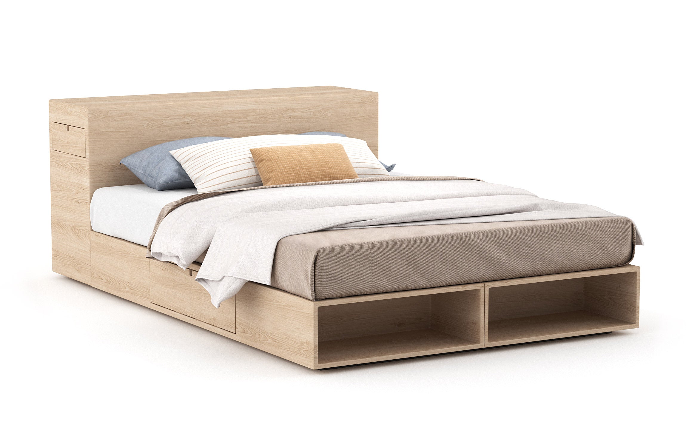 Lit – Élégant et compact, le lit est doté de rayonnages ouverts et de tiroirs latéraux très pratiques qui s'ouvrent par simple pression.