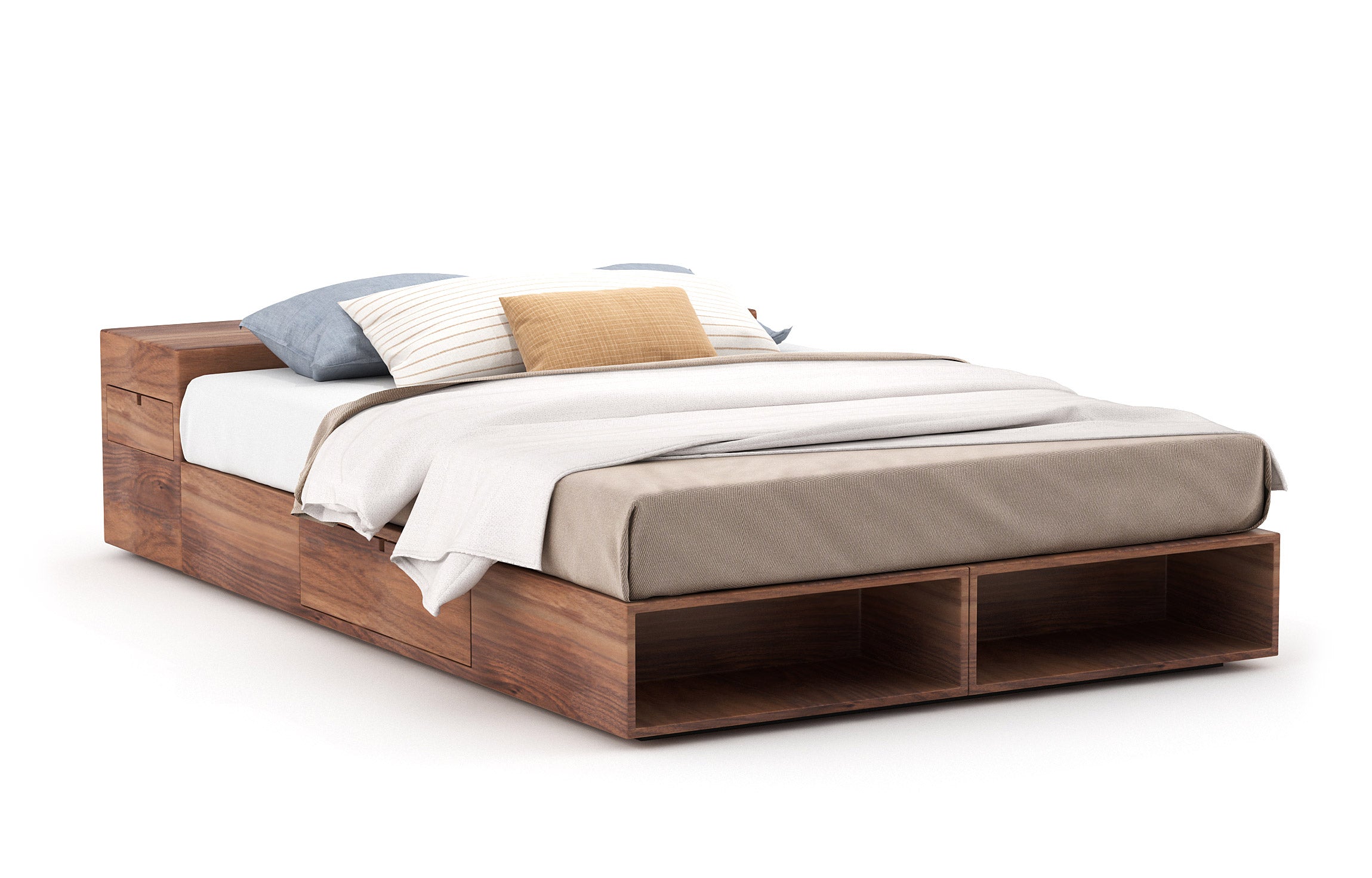 Lit – Élégant et compact, le lit est doté de rayonnages ouverts et de tiroirs latéraux très pratiques qui s'ouvrent par simple pression.
