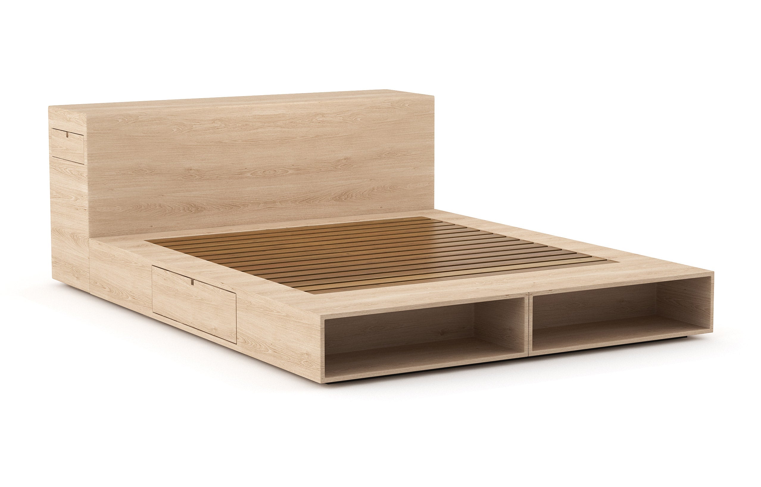 Lit – Élégant et compact, le lit est doté de rayonnages ouverts et de tiroirs latéraux très pratiques qui s'ouvrent par simple pression.
