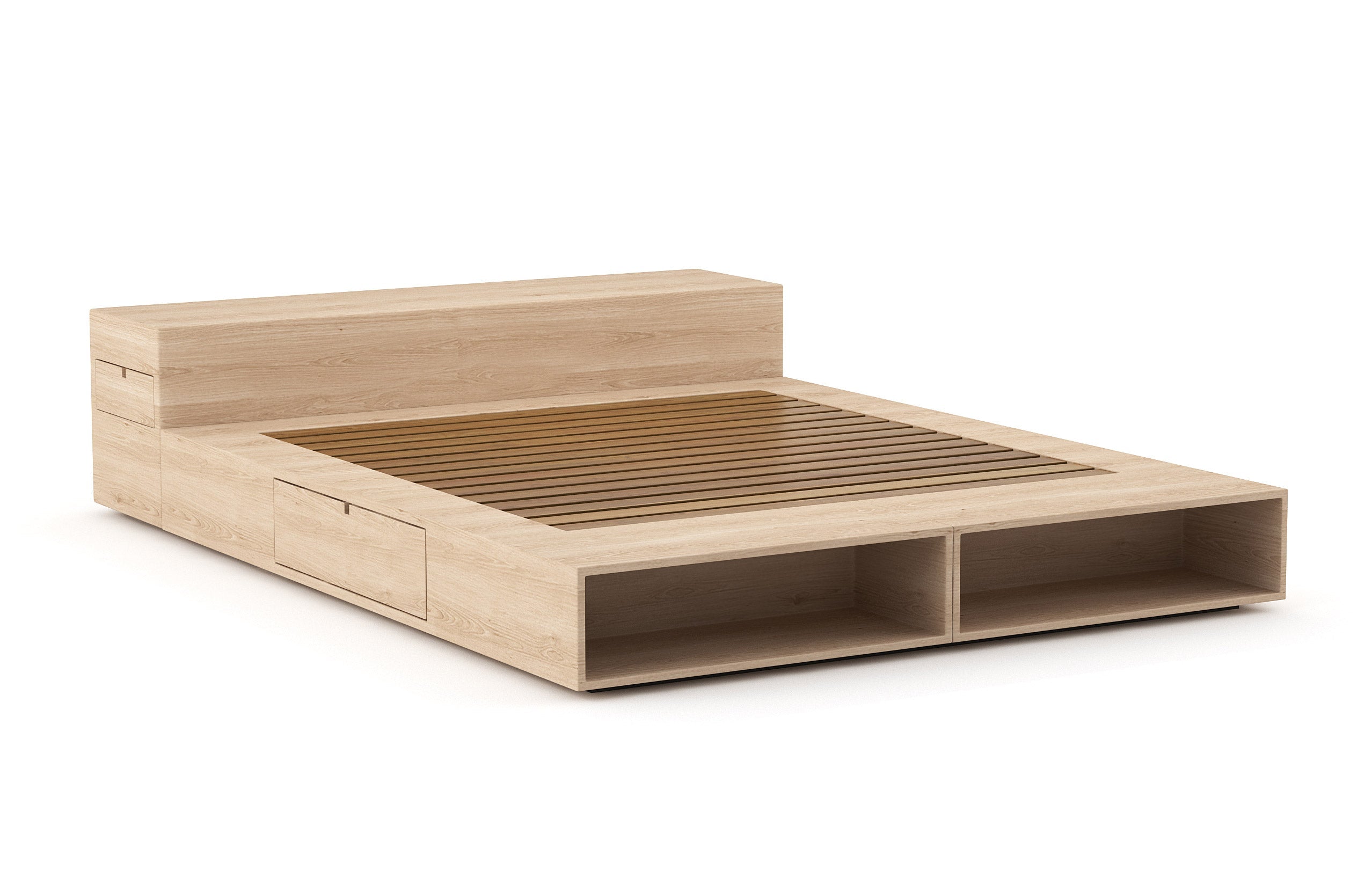 Lit – Élégant et compact, le lit est doté de rayonnages ouverts et de tiroirs latéraux très pratiques qui s'ouvrent par simple pression.