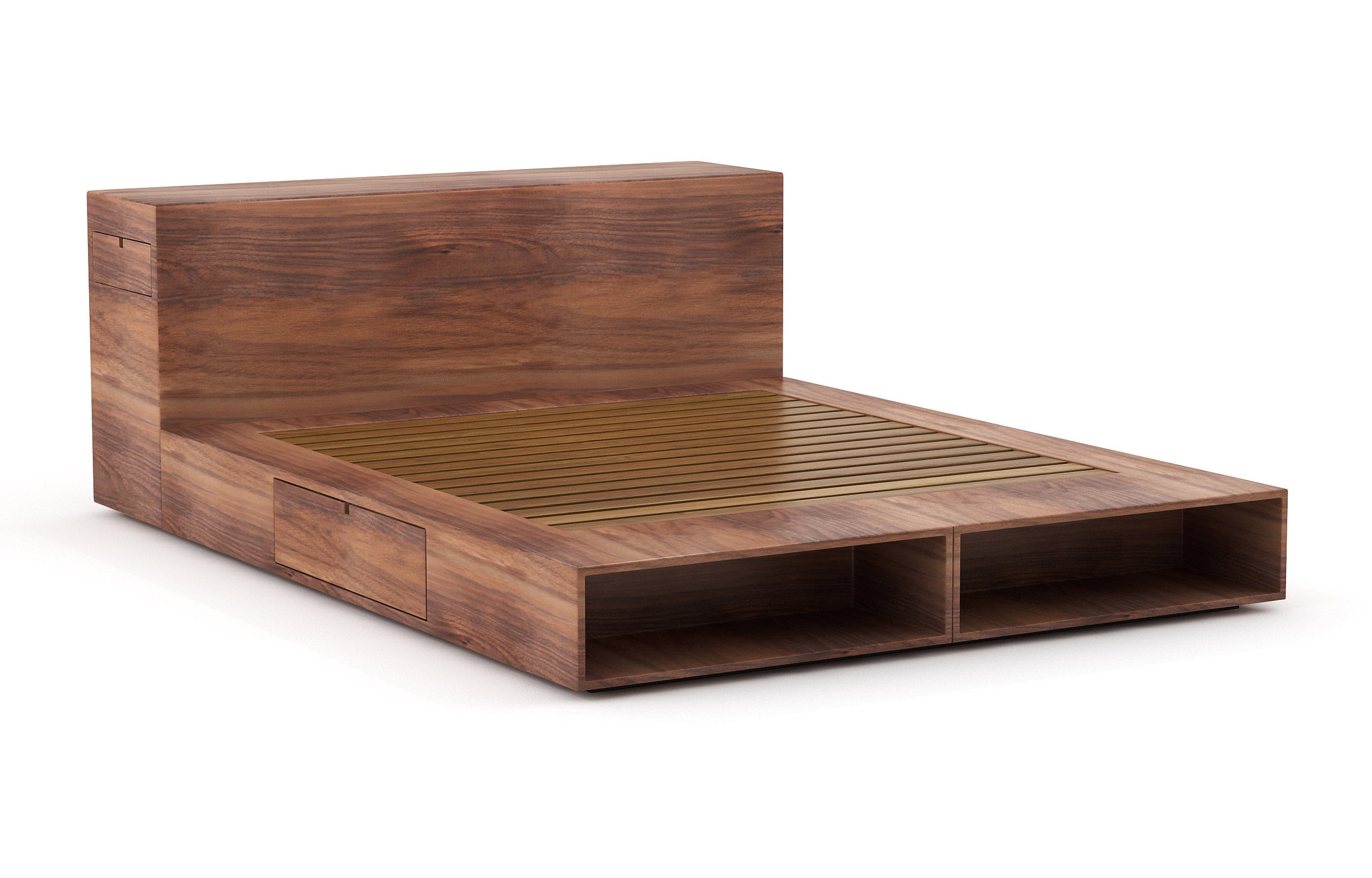Lit – Élégant et compact, le lit est doté de rayonnages ouverts et de tiroirs latéraux très pratiques qui s'ouvrent par simple pression.
