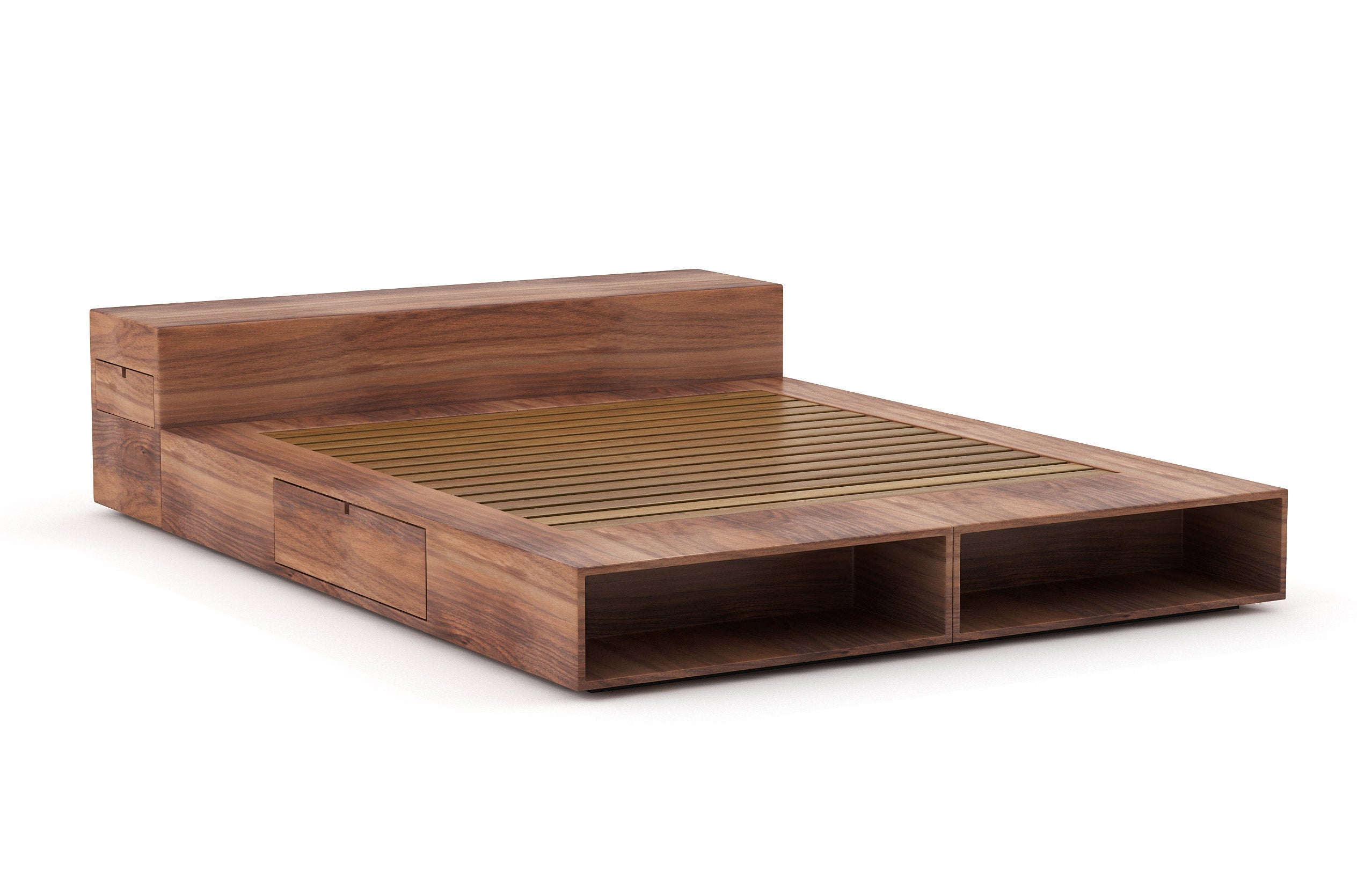 Lit – Élégant et compact, le lit est doté de rayonnages ouverts et de tiroirs latéraux très pratiques qui s'ouvrent par simple pression.