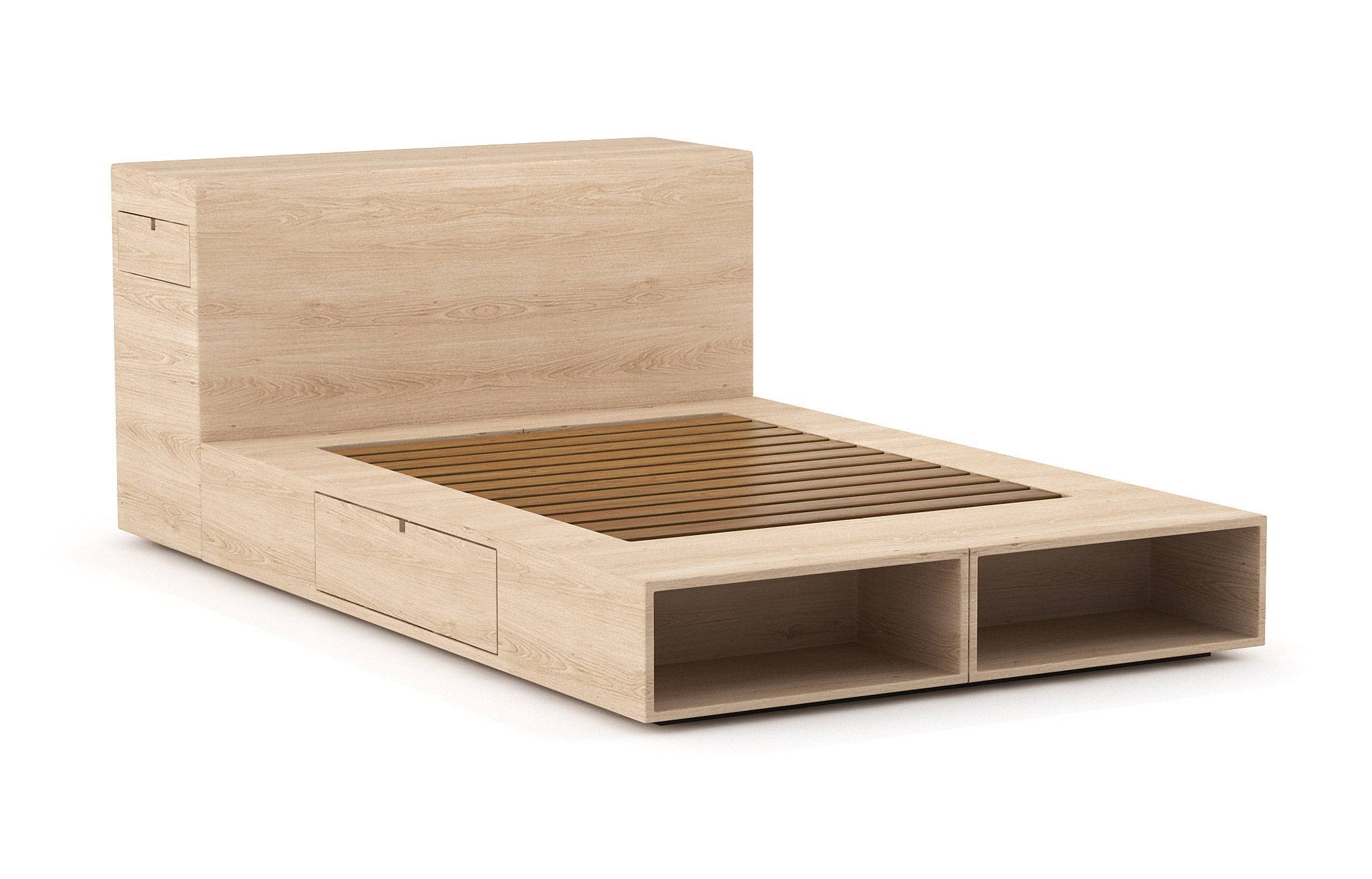 Lit – Élégant et compact, le lit est doté de rayonnages ouverts et de tiroirs latéraux très pratiques qui s'ouvrent par simple pression.