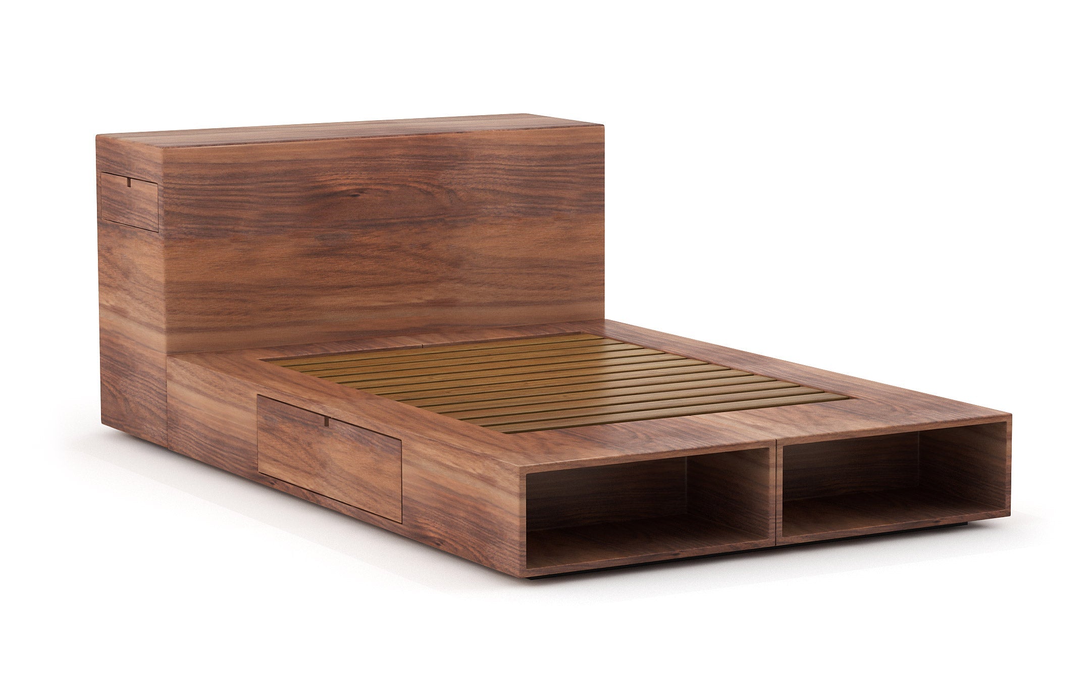 Lit – Élégant et compact, le lit est doté de rayonnages ouverts et de tiroirs latéraux très pratiques qui s'ouvrent par simple pression.
