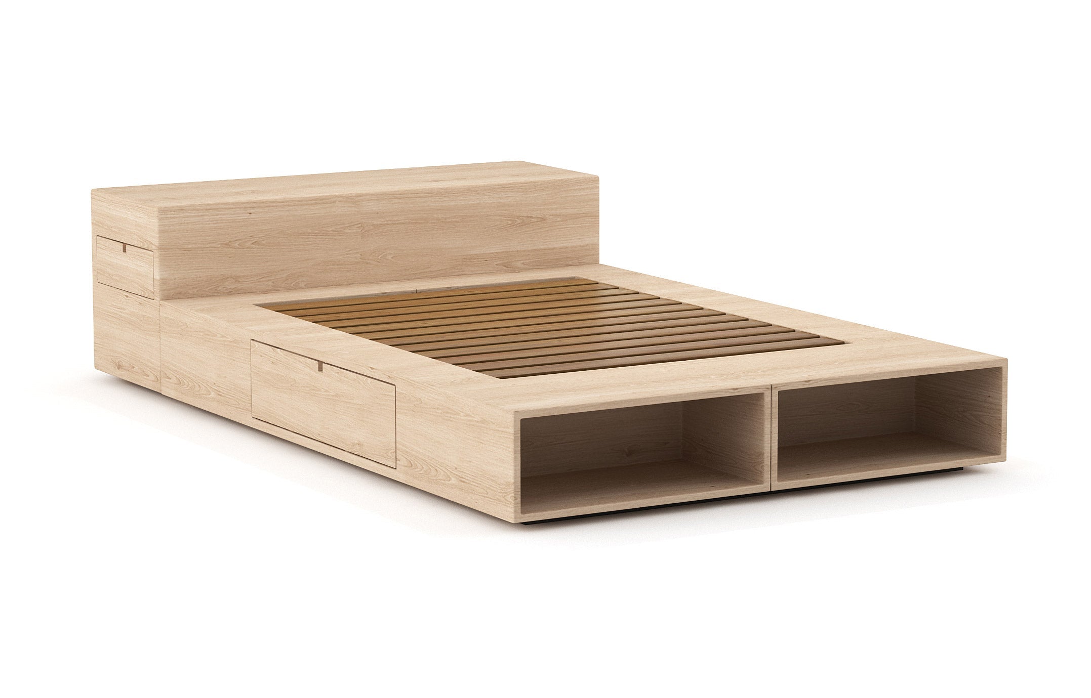 Lit – Élégant et compact, le lit est doté de rayonnages ouverts et de tiroirs latéraux très pratiques qui s'ouvrent par simple pression.