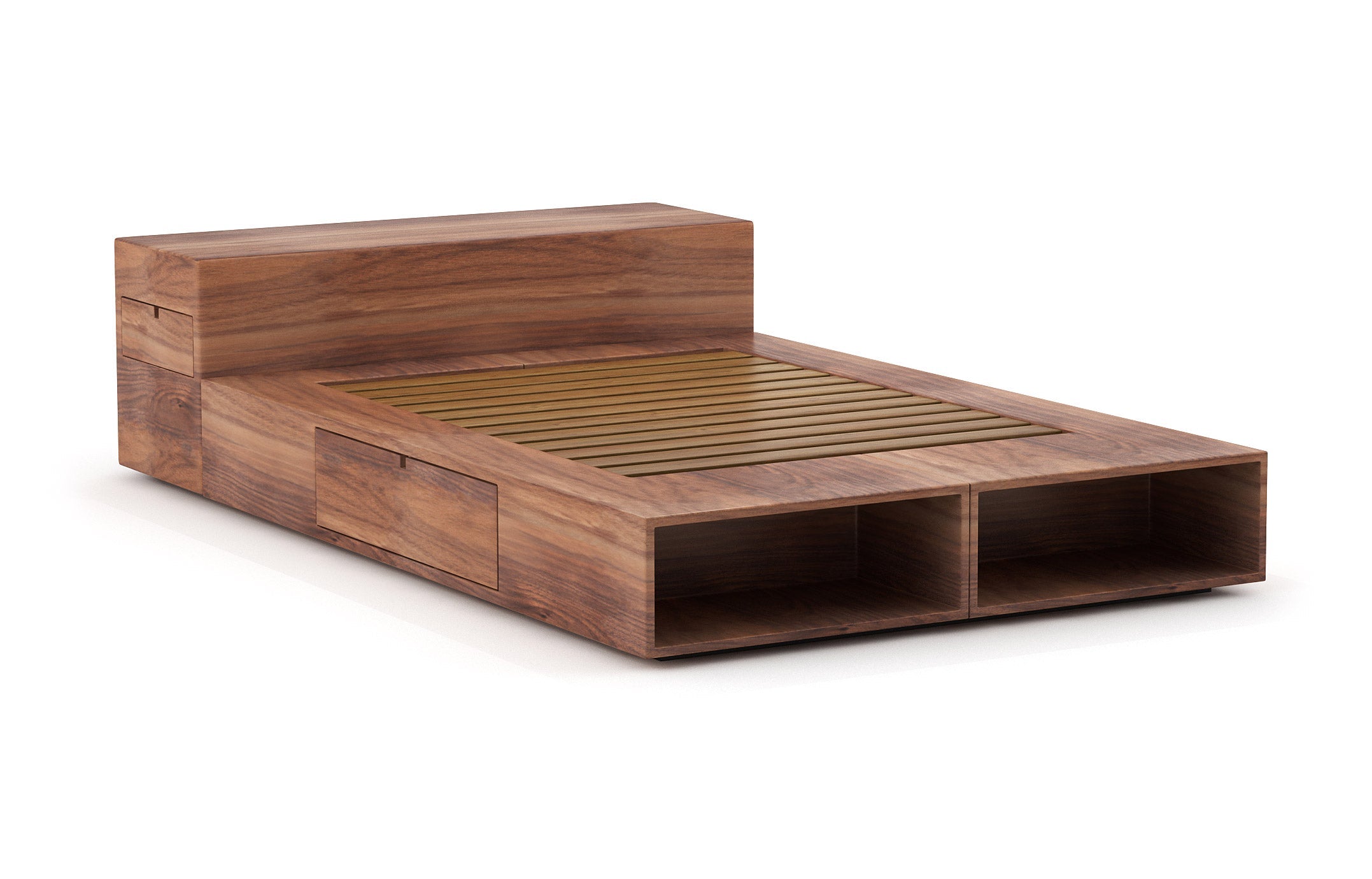 Lit – Élégant et compact, le lit est doté de rayonnages ouverts et de tiroirs latéraux très pratiques qui s'ouvrent par simple pression.