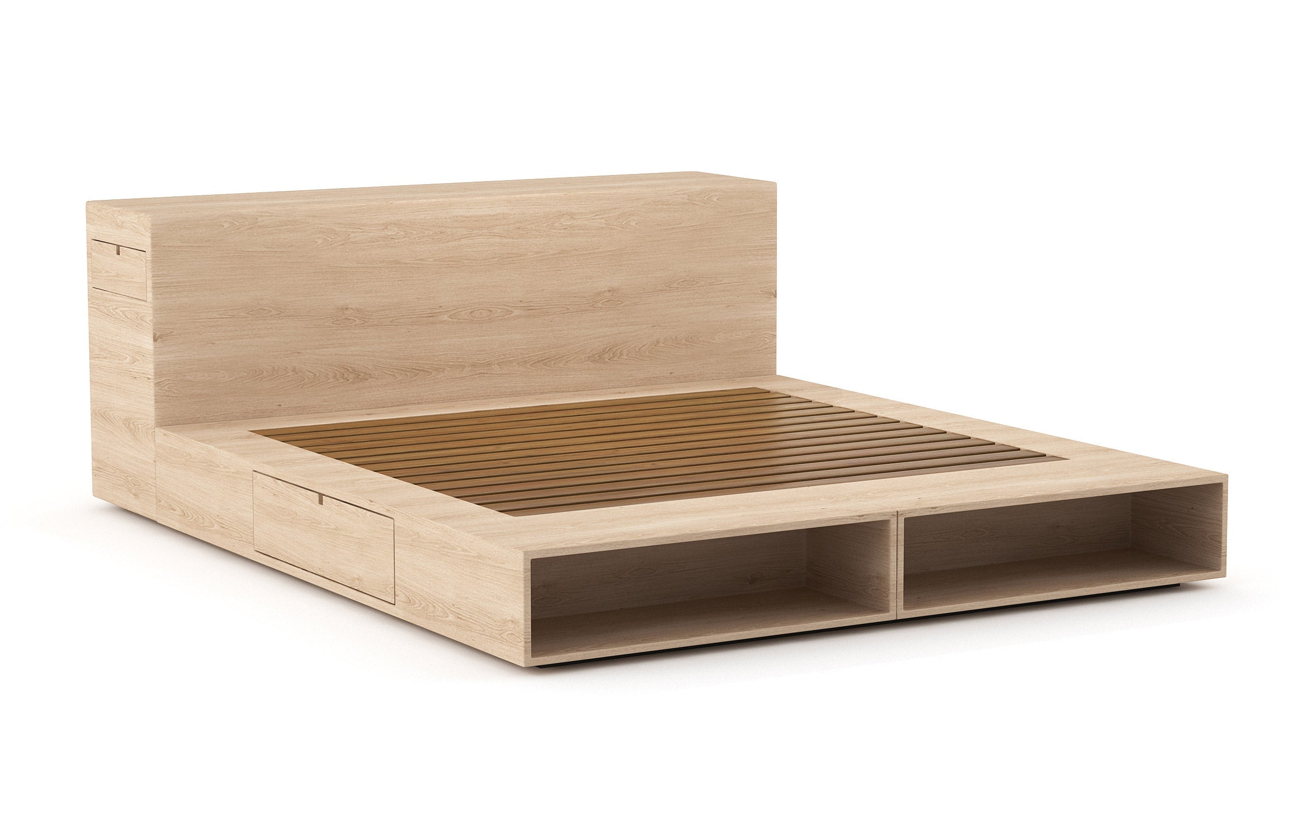 Lit – Élégant et compact, le lit est doté de rayonnages ouverts et de tiroirs latéraux très pratiques qui s'ouvrent par simple pression.