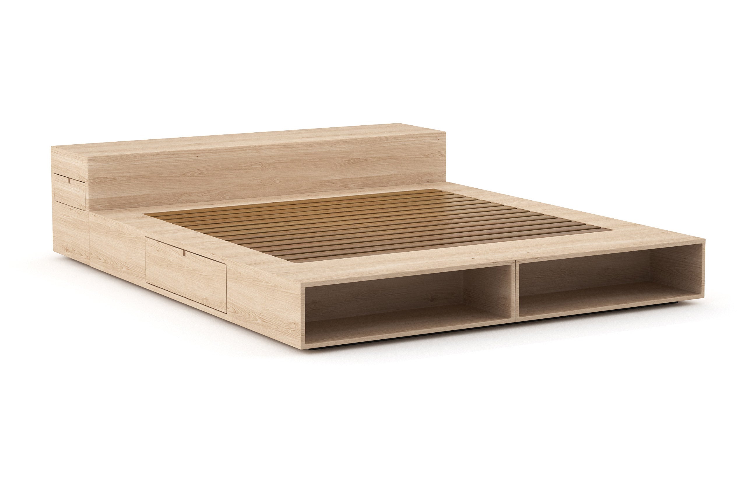 Lit – Élégant et compact, le lit est doté de rayonnages ouverts et de tiroirs latéraux très pratiques qui s'ouvrent par simple pression.