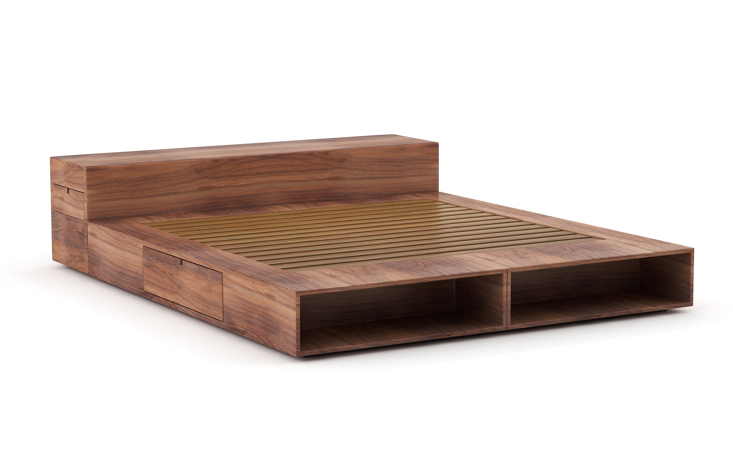 Lit – Élégant et compact, le lit est doté de rayonnages ouverts et de tiroirs latéraux très pratiques qui s'ouvrent par simple pression.