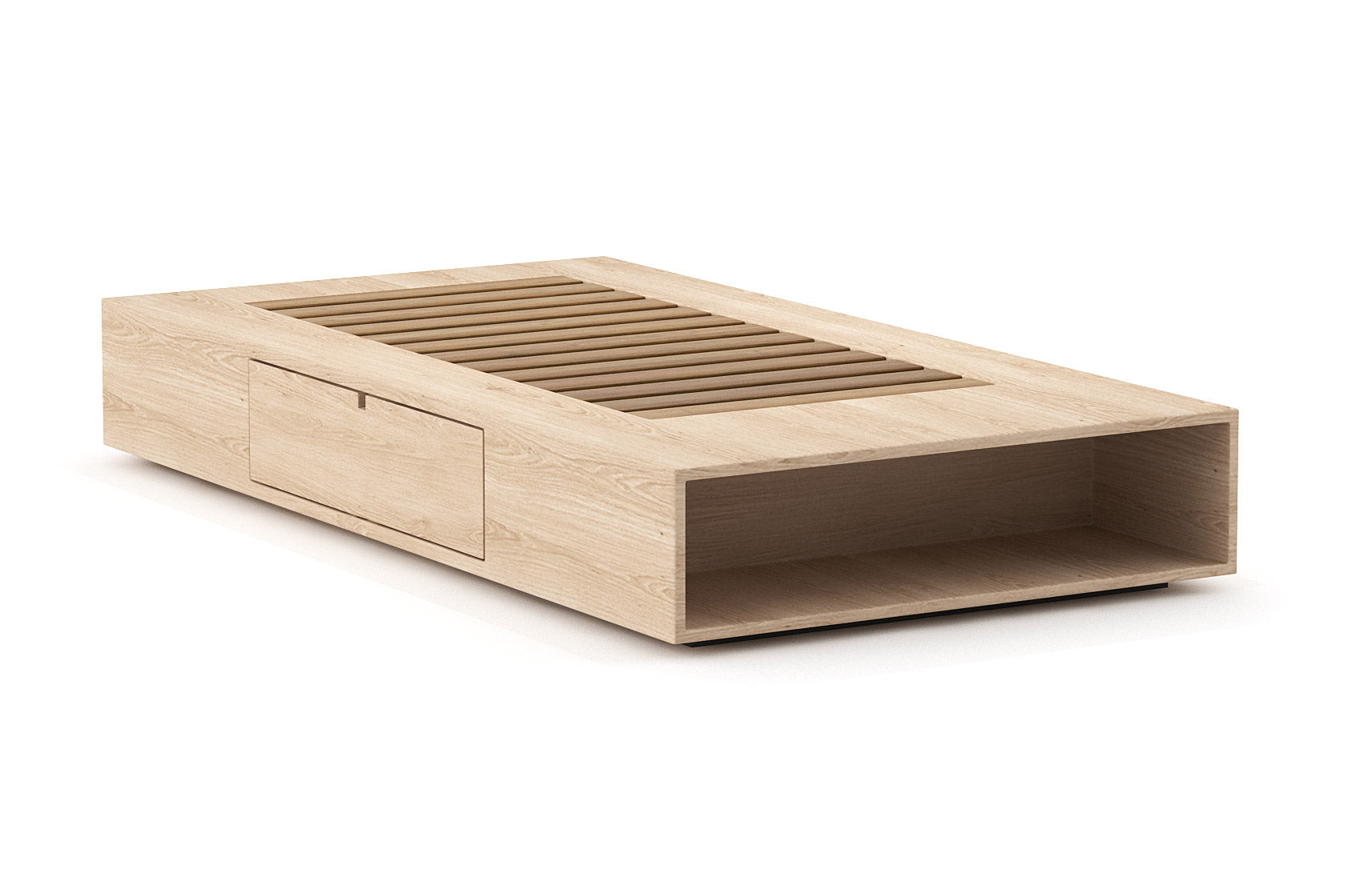 Sommier – Élégant et compact, le sommier comporte des étagères ouvertes intégrées et des tiroirs latéraux pratiques à ouverture par simple pression.