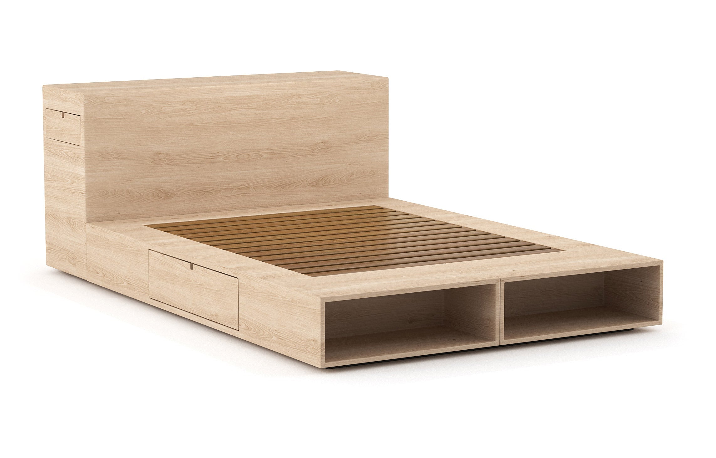 Lit – Élégant et compact, le lit est doté de rayonnages ouverts et de tiroirs latéraux très pratiques qui s'ouvrent par simple pression.