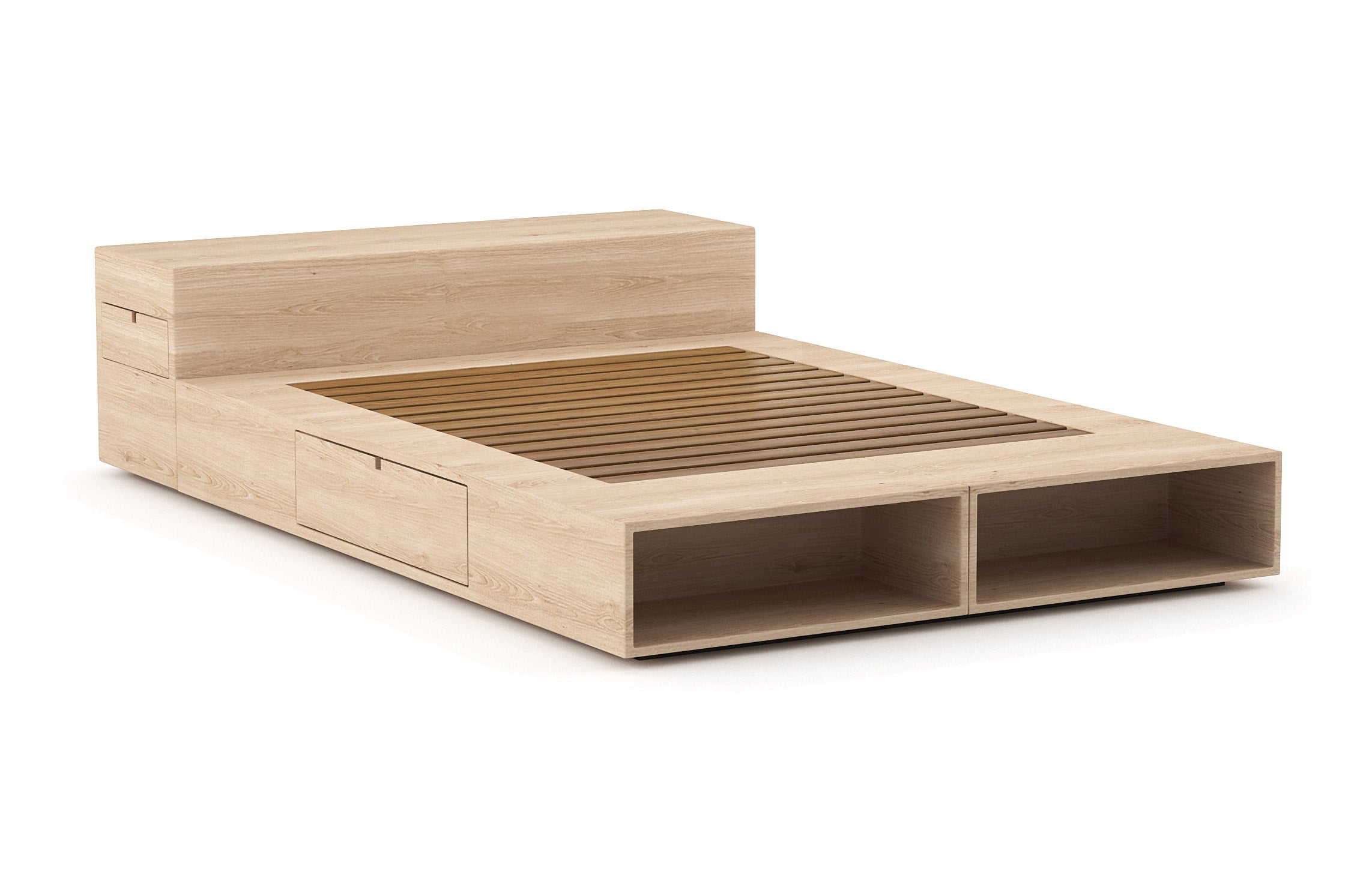 Lit – Élégant et compact, le lit est doté de rayonnages ouverts et de tiroirs latéraux très pratiques qui s'ouvrent par simple pression.