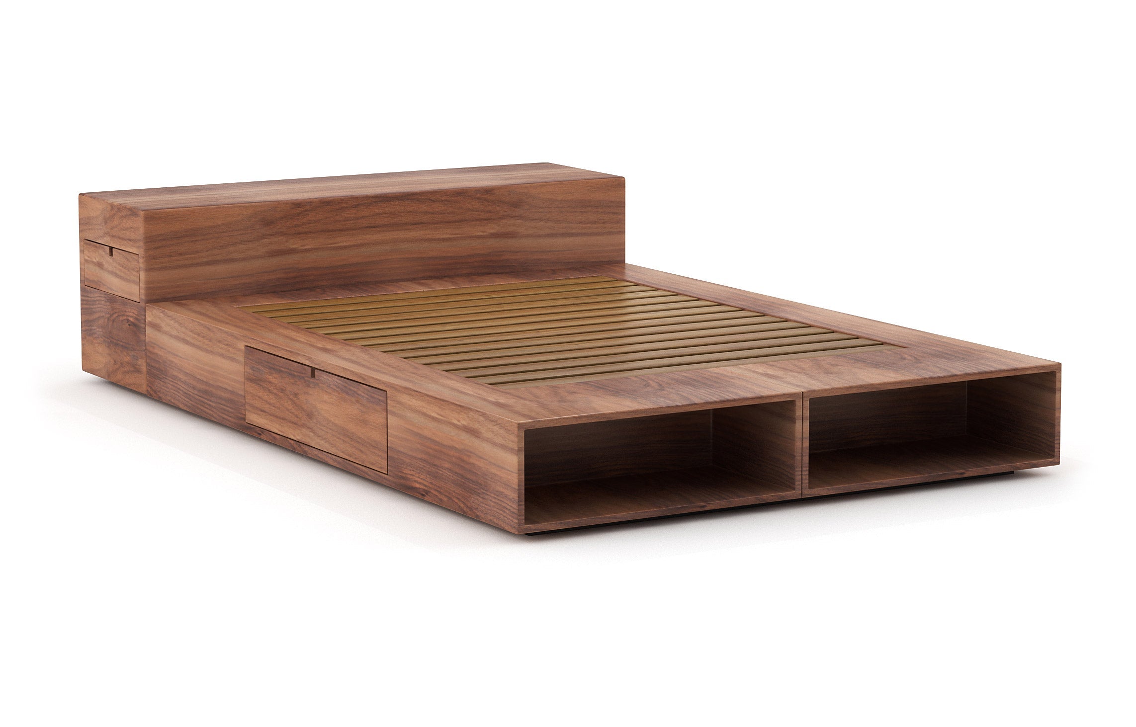 Lit – Élégant et compact, le lit est doté de rayonnages ouverts et de tiroirs latéraux très pratiques qui s'ouvrent par simple pression.