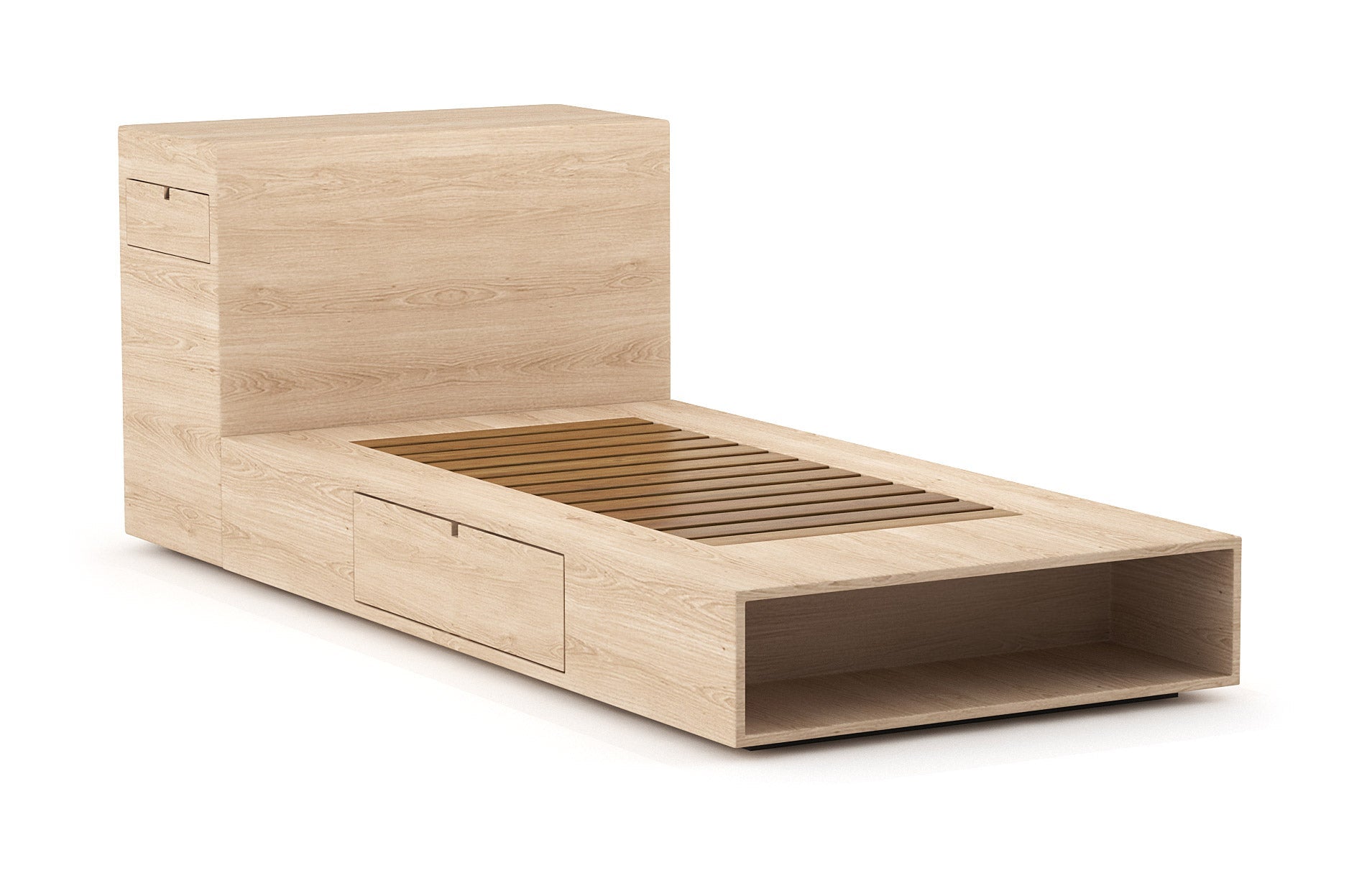 Lit – Élégant et compact, le lit est doté de rayonnages ouverts et de tiroirs latéraux très pratiques qui s'ouvrent par simple pression.