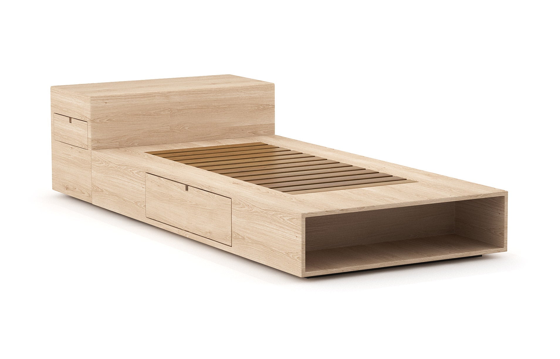 Lit – Élégant et compact, le lit est doté de rayonnages ouverts et de tiroirs latéraux très pratiques qui s'ouvrent par simple pression.
