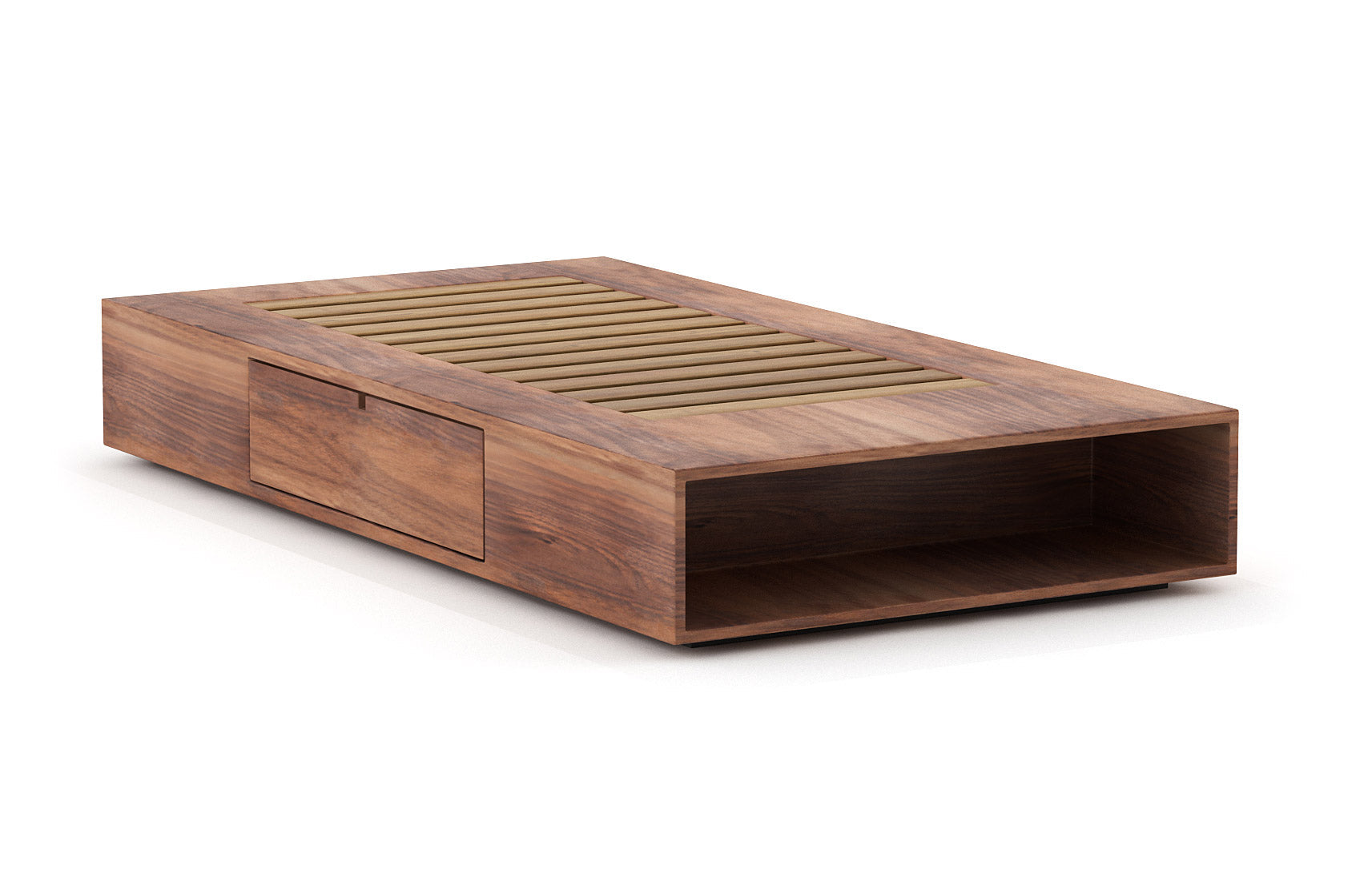 Sommier – Élégant et compact, le sommier comporte des étagères ouvertes intégrées et des tiroirs latéraux pratiques à ouverture par simple pression.