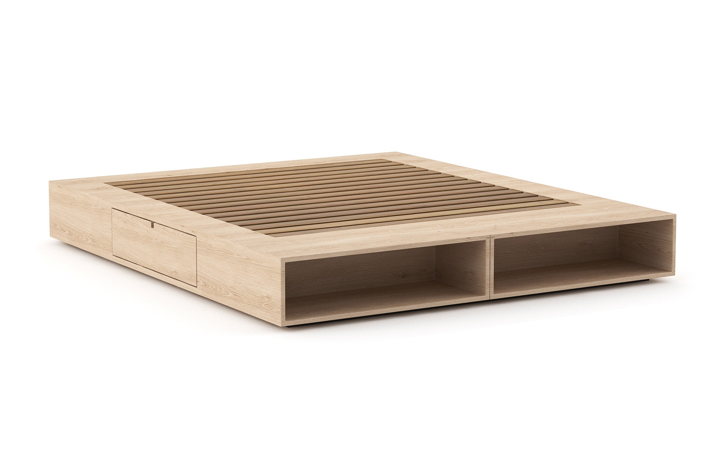 Sommier – Élégant et compact, le sommier comporte des étagères ouvertes intégrées et des tiroirs latéraux pratiques à ouverture par simple pression.
