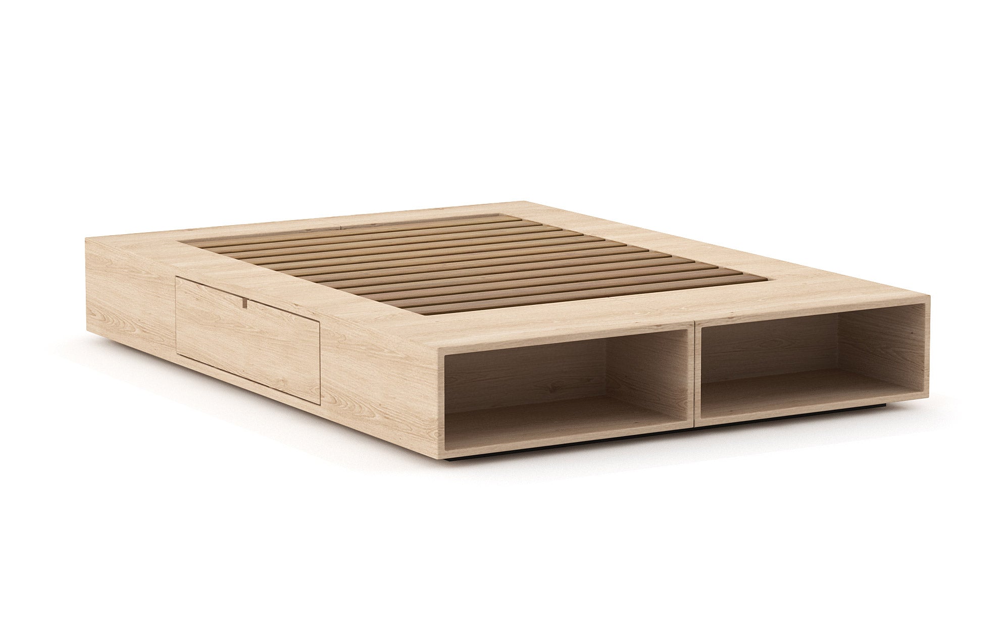 Sommier – Élégant et compact, le sommier comporte des étagères ouvertes intégrées et des tiroirs latéraux pratiques à ouverture par simple pression.