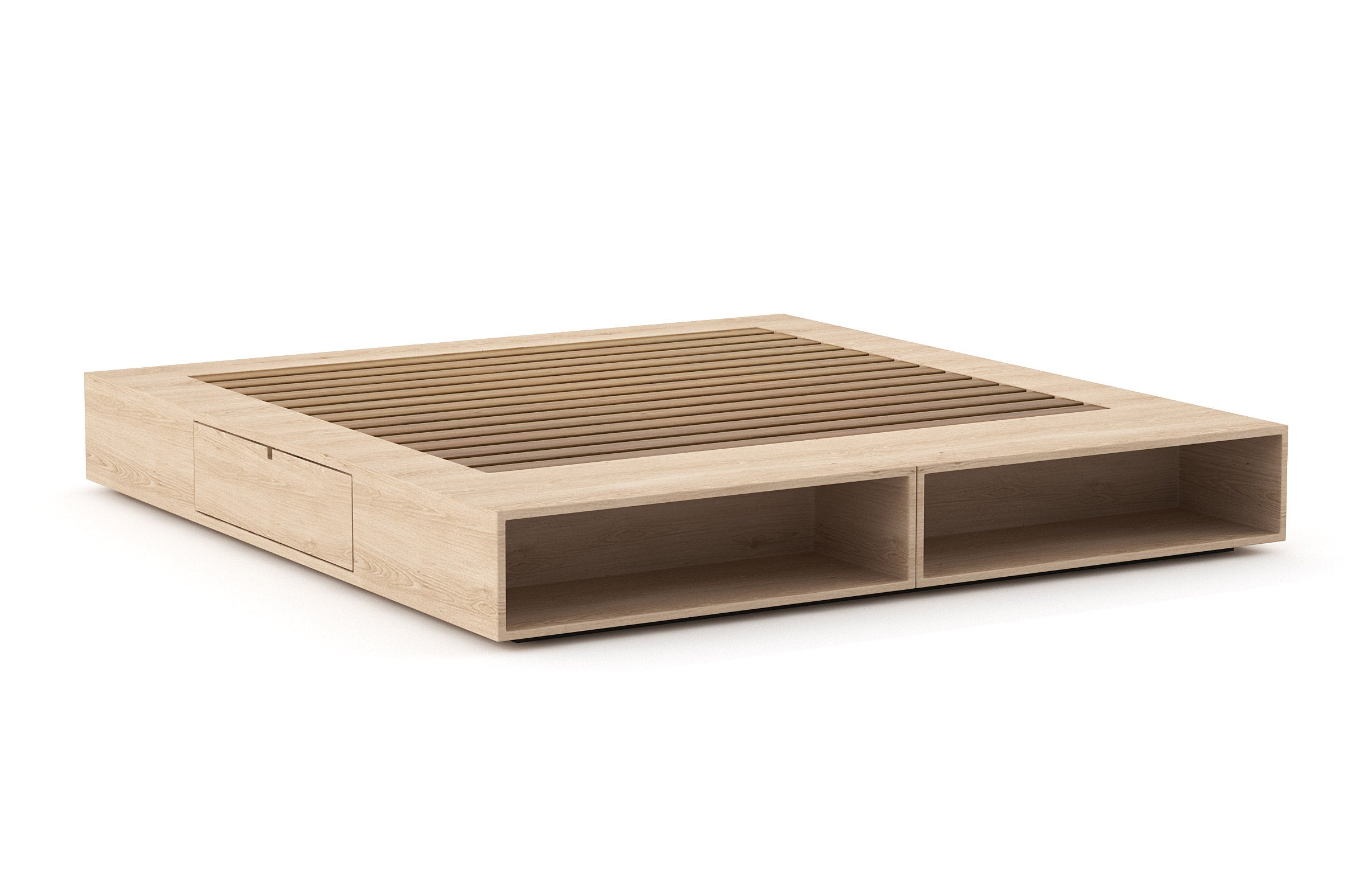 Sommier – Élégant et compact, le sommier comporte des étagères ouvertes intégrées et des tiroirs latéraux pratiques à ouverture par simple pression.