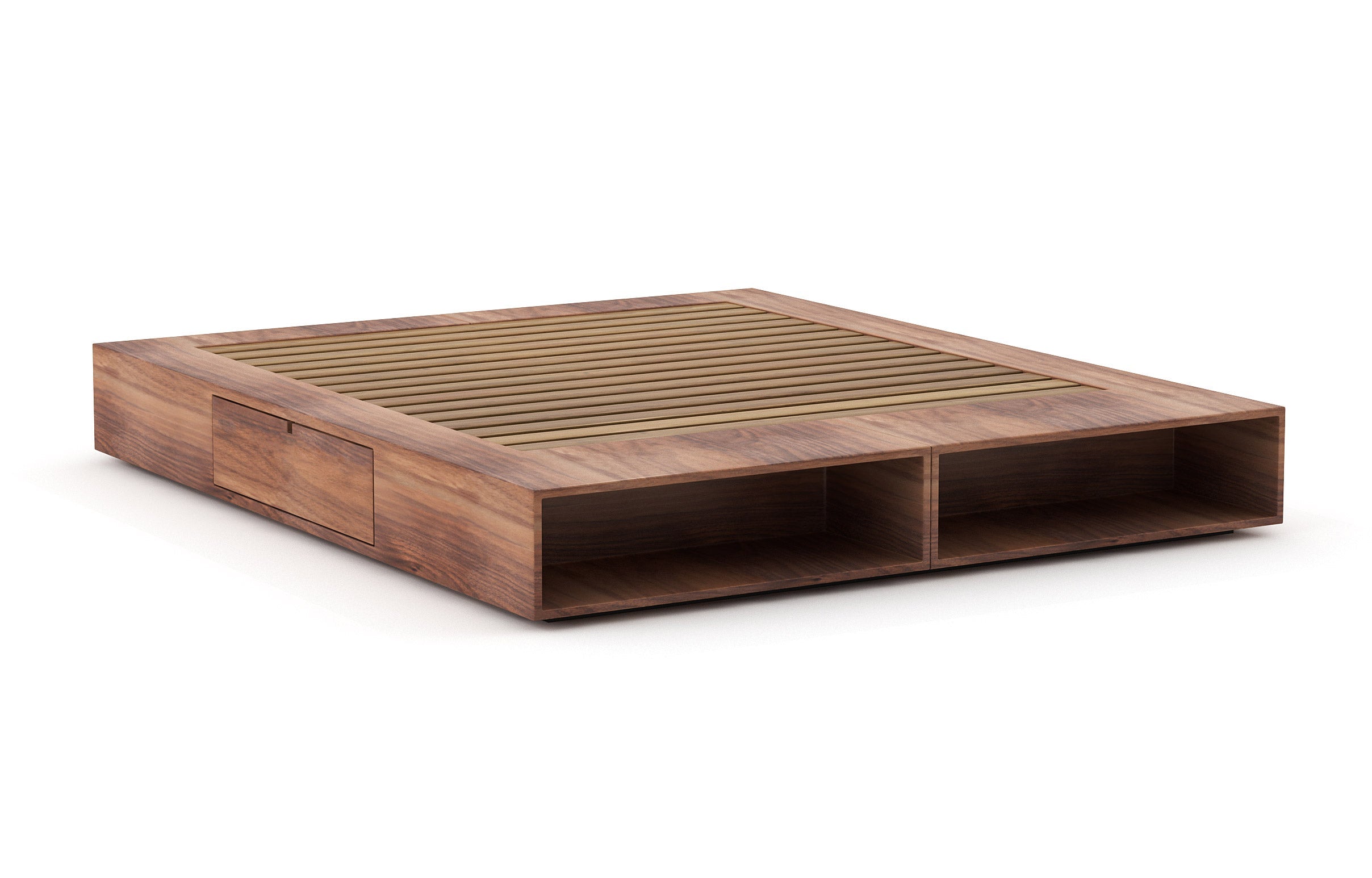 Sommier – Élégant et compact, le sommier comporte des étagères ouvertes intégrées et des tiroirs latéraux pratiques à ouverture par simple pression.