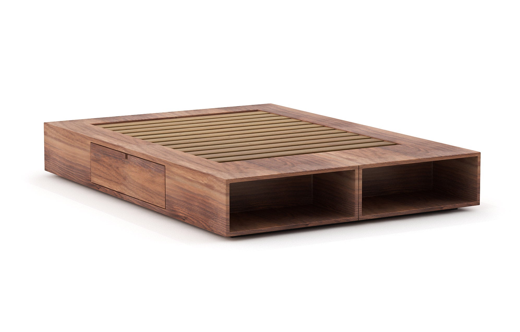 Sommier – Élégant et compact, le sommier comporte des étagères ouvertes intégrées et des tiroirs latéraux pratiques à ouverture par simple pression.