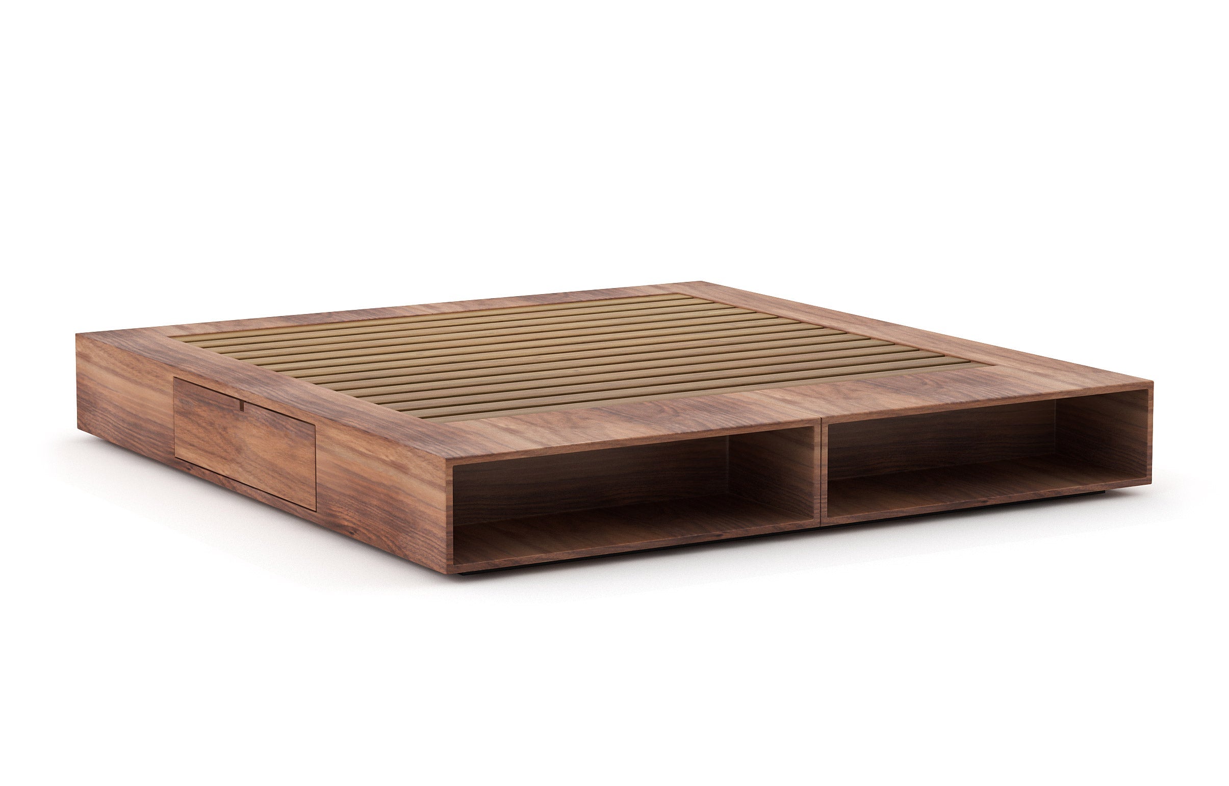 Sommier – Élégant et compact, le sommier comporte des étagères ouvertes intégrées et des tiroirs latéraux pratiques à ouverture par simple pression.