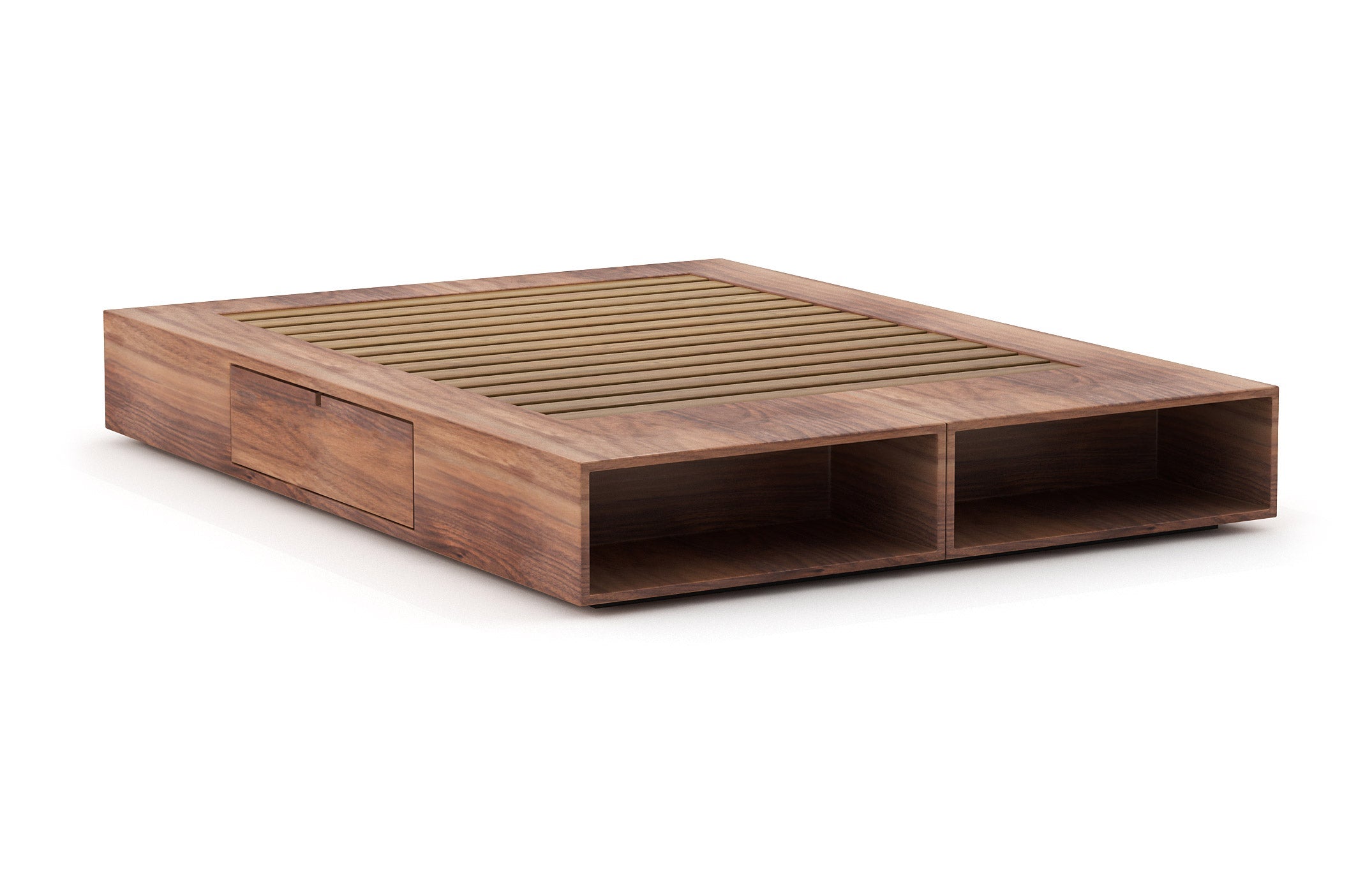 Sommier – Élégant et compact, le sommier comporte des étagères ouvertes intégrées et des tiroirs latéraux pratiques à ouverture par simple pression.